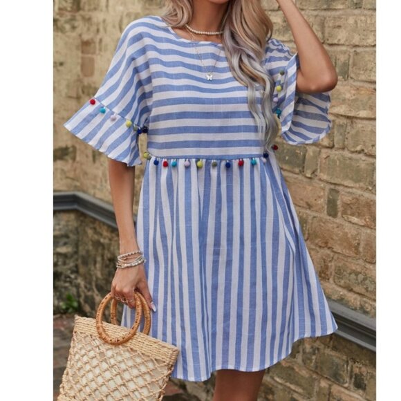 COTTON STRIPED POMPOM DRESS - Picture 2 of 13